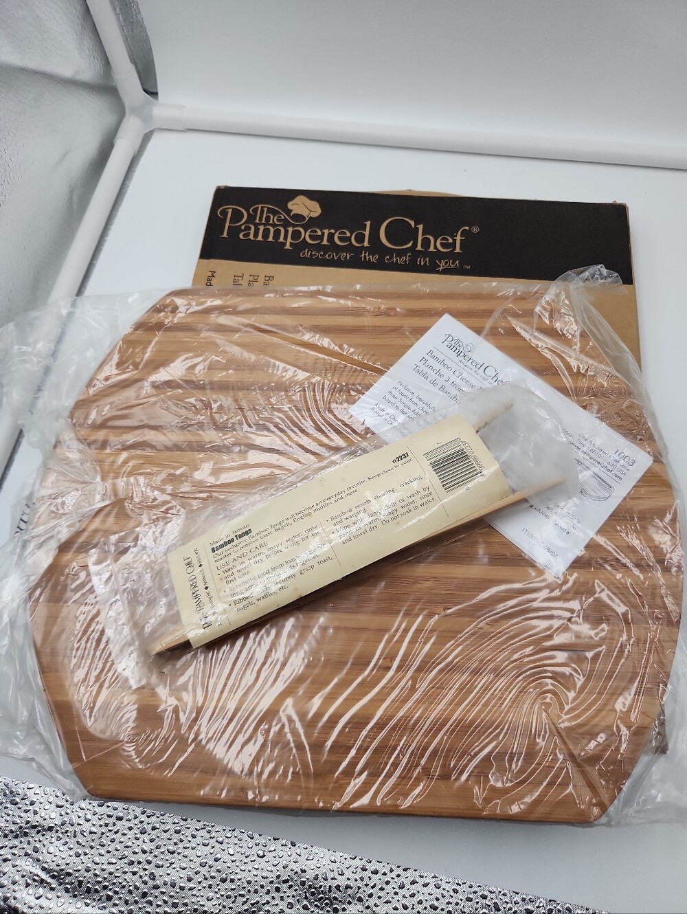 The Pampered Chef Bamboo Serving & Prep Board - Natural Brown With Tongs